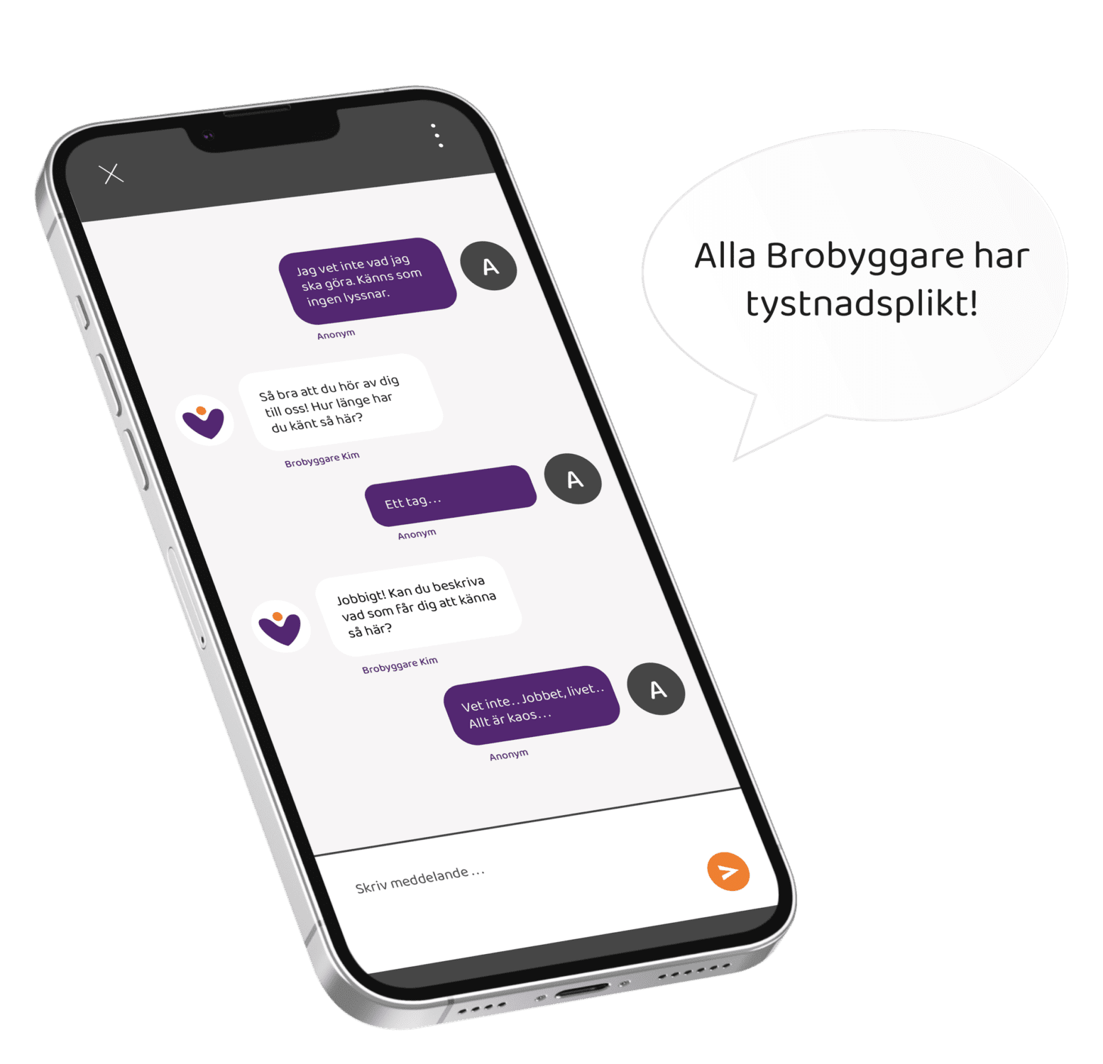 Bild på en mobil som visar en pågående chatt hos Brobyggarna.