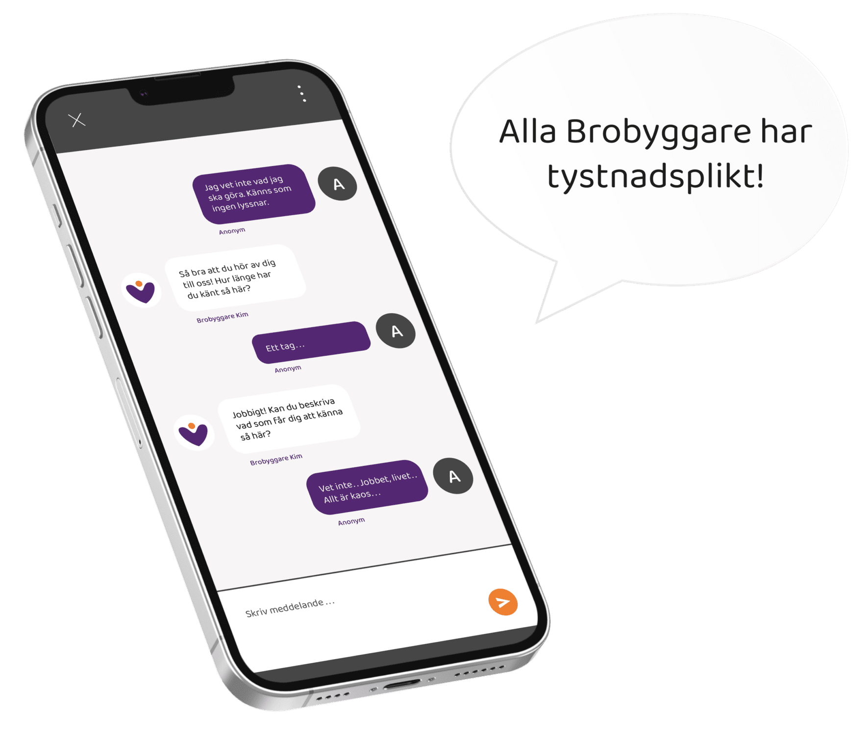 Bild på en mobil som visar en pågående chatt hos Brobyggarna.