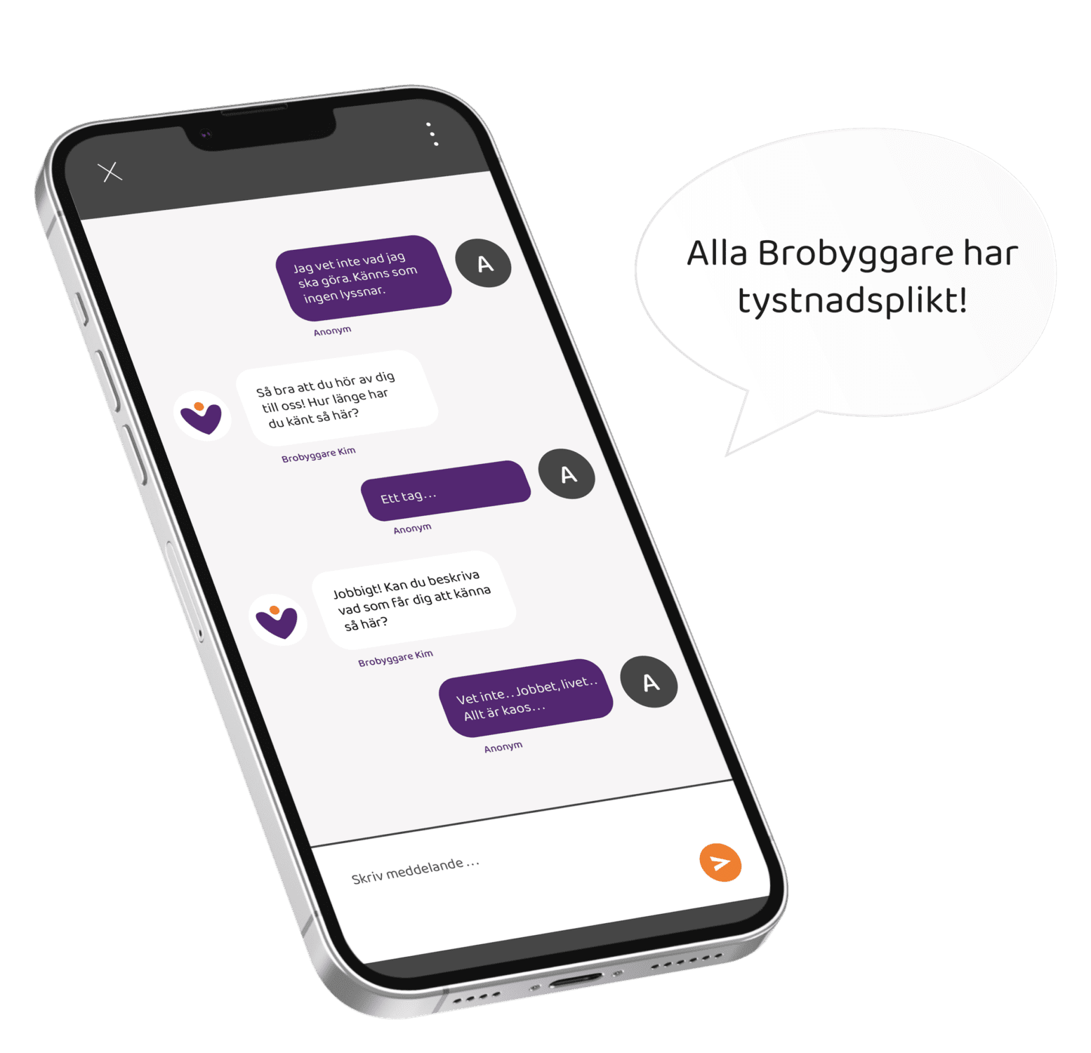 Bild på en mobil som visar en pågående chatt hos Brobyggarna.